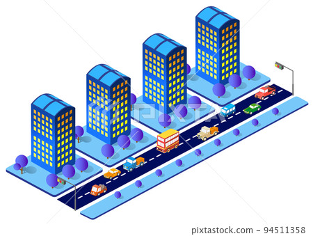 3D illustration of neon ultraviolet of urban infrastructure isometric 94511358