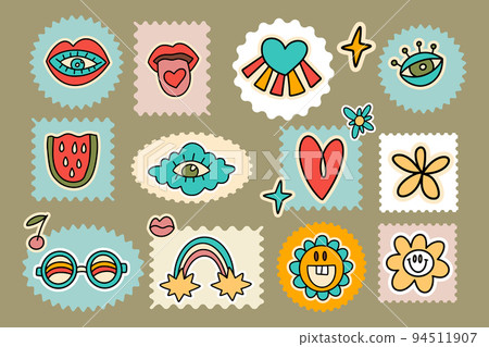 Groovy sticker set postage stamp, heart cloud eye, retro flower hippie 70s disco cartoon illustration Groovy sticker set postage stamp, heart cloud eye, retro flower hippie 70s disco cartoon illustration 94511907