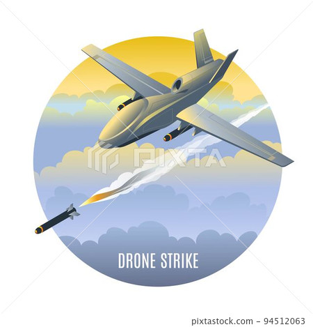 Drone strike in cloudy sky at sunset vector illustration isometric icons on isolated round background Drone strike in cloudy sky at sunset vector illustration isometric icons on isolated round background 94512063
