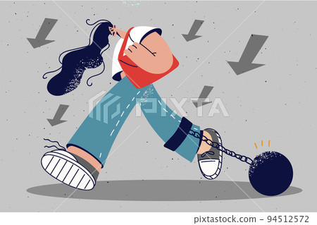 Stressed woman going with burden on leg  94512572