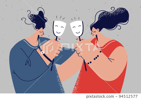 Unhappy couple hide feelings under masks  94512577