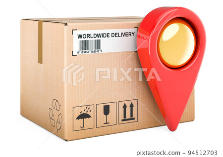 Map pointer with parcel. Parcel tracking concept. 3D rendering Map pointer with parcel. Parcel tracking concept. 3D rendering 94512703