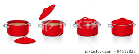 Saucepot with lid, put away, take of, slightly open, and covered. Red enamel cooking pots with different uses of the lid to save energy and to cook faster. Isolated vector on white background. Saucepot with lid, put away, take of, slightly open, and covered. Red enamel cooking pots with different uses of the lid to save energy and to cook faster. Isolated vector on white background. 94512828