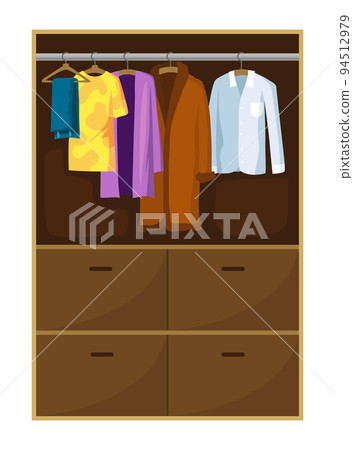 Clothes wardrobe room full of woman clothes. Furniture with shelves for accessories. Boutique interior design concept. Flat style vector illustration Clothes wardrobe room full of woman clothes. Furniture with shelves for accessories. Boutique interior design concept. Flat style vector illustration 94512979
