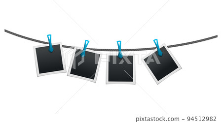 Photo frames hanging on rope attached with... - Stock Illustration ...