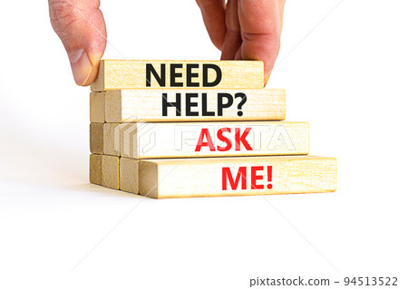Support and need help ask me symbol. Concept words Need help ask me on wooden blocks on a beautiful white table white background. Businessman hand. Business, support and Need help ask me concept. Support and need help ask me symbol. Concept words Need help ask me on wooden blocks on a beautiful white table white background. Businessman hand. Business, support and Need help ask me concept. 94513522