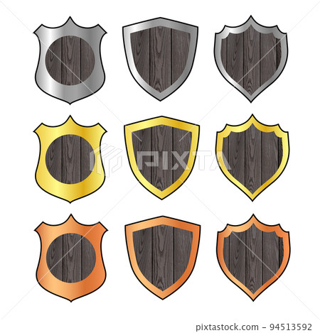 Set of game bronze, silver, gold shields, cartoon medieval armor of metal and wood decorated. Knight ammo, iron or wooden guard screens collection, ui design elements, isolated vector icons, clipart Set of game bronze, silver, gold shields, cartoon medieval armor of metal and wood decorated. Knight ammo, iron or wooden guard screens collection, ui design elements, isolated vector icons, clipart 94513592