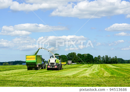 The combine collect and pour silage into the tractor-trailer in the freshly mowed field The combine collect and pour silage into the tractor-trailer in the freshly mowed field 94513686