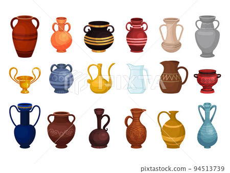 Ceramic Jug and Crockery with Neck and Handle for Liquid Big Vector Set Ceramic Jug and Crockery with Neck and Handle for Liquid Big Vector Set 94513739