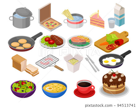 Food Cooking with Isometric Kitchenware, Culinary Equipment and Dish on Plate Big Vector Set 94513741