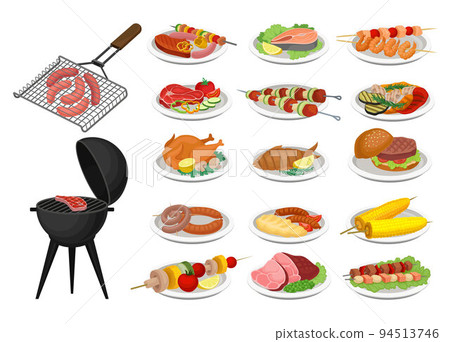 Barbecue Grilled and Fried Food Served on Plate with Grid and Skewer Big Vector Set 94513746