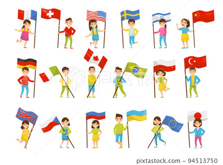 Children with National Flags of Different Countries Waving on Pole Big Vector Set 94513750