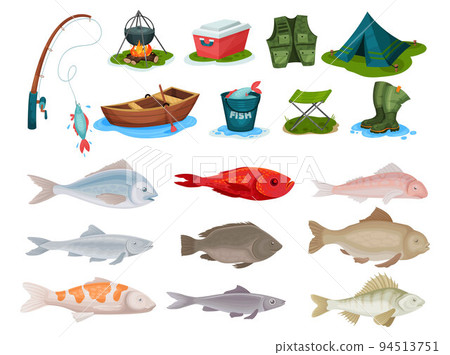 Fishing Equipment with Rod, Boat, Chair, Tent, Vest, Boots and Bucket Big Vector Set 94513751