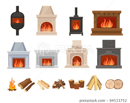 Home Fireplaces with Cozy Burning Fire Flames and Firewood Big Vector Set 94513752