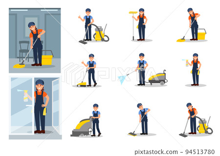 Man and Woman Cleaning Service Staff Wearing Uniform with Mop and Vacuum Cleaner Vector Set 94513780