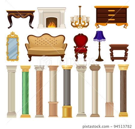 Classic Vintage Furniture Item with Sofa, Fireplace, Mirror, Table, Chair and Column Pillar Big Vector Set 94513782