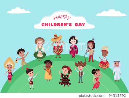 Happy Childrens Day with Kids Wearing National Costumes Of Different Countries Standing on Earth Globe Vector Illustration 94513792