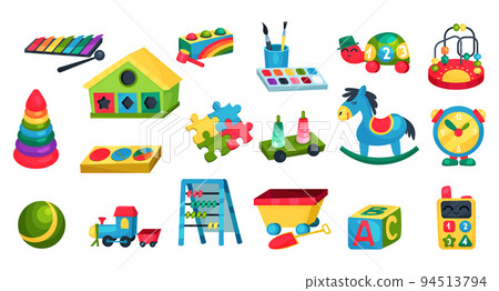Colorful Kids Toys with Rocking Horse, Ball, Pyramid, Train, Paints and Xylophone Vector Set Colorful Kids Toys with Rocking Horse, Ball, Pyramid, Train, Paints and Xylophone Vector Set 94513794