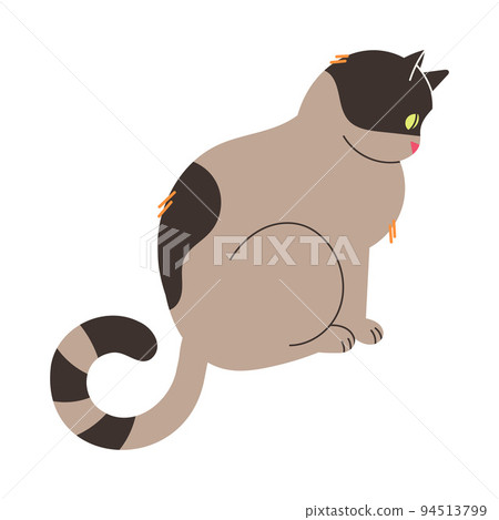 Fluffy Cat with Grey Spotted Coat and Curved Tail Sitting Vector Illustration 94513799
