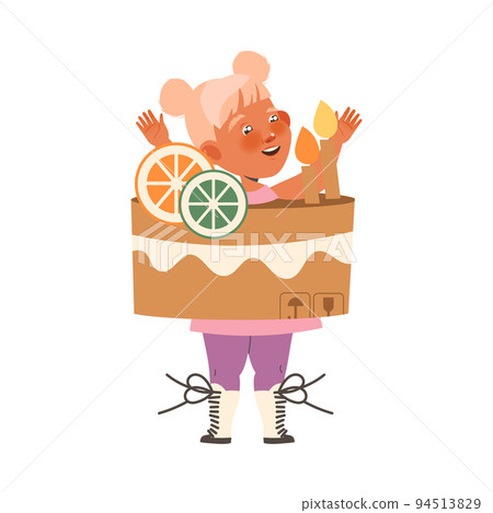 Happy Little Girl in Homemade Cardboard Cake Costume Playing and Having Fun Vector Illustration Happy Little Girl in Homemade Cardboard Cake Costume Playing and Having Fun Vector Illustration 94513829