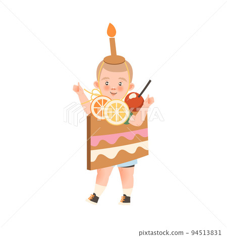 Happy Little Boy in Homemade Cardboard Cake Costume Playing and Having Fun Vector Illustration Happy Little Boy in Homemade Cardboard Cake Costume Playing and Having Fun Vector Illustration 94513831