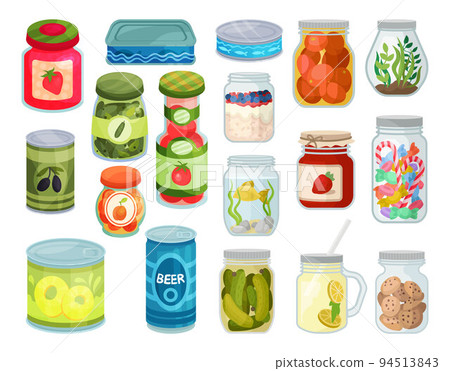 Cans and Jars with Preserved Food and Snacks Big Vector Set Cans and Jars with Preserved Food and Snacks Big Vector Set 94513843