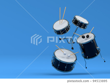 Set of drums and drumset with metal cymbals on blue background Set of drums and drumset with metal cymbals on blue background 94513895