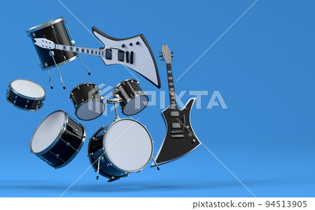 Set of electric acoustic guitars and drums with metal cymbals on blue background Set of electric acoustic guitars and drums with metal cymbals on blue background 94513905