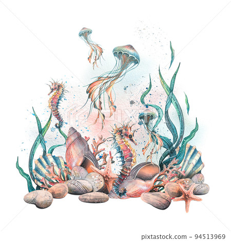 The seabed with corals, shells, algae, pebbles, starfish, jellyfish and seahorses. Watercolor illustration. Composition for the decoration and design of the beach, menus, postcards, posters. 94513969