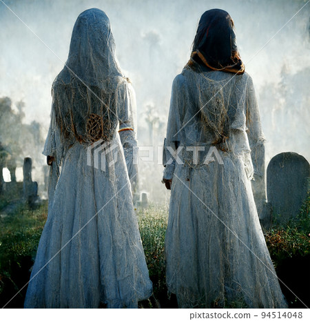two ghost women in cemetery Halloween background two ghost women in cemetery Halloween background 94514048