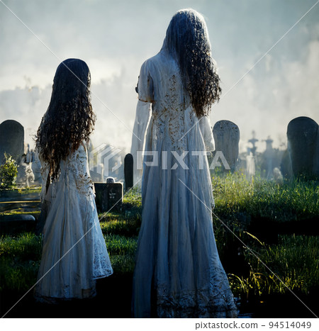 two ghost women in cemetery Halloween background 94514049