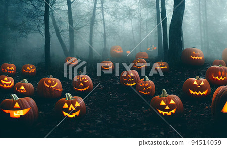 carved burning pumpkins in forest Halloween background carved burning pumpkins in forest Halloween background 94514059