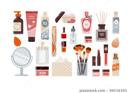 Makeup cosmetics in flat style top view on white background.Vector illustration 94516343