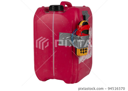 Red jug IED bomb with cell phone fuse. Red jug IED bomb with cell phone fuse. 94516370