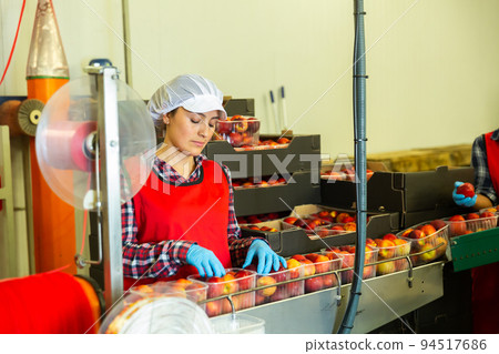 Latina woman sorting peaches at fruit warehouse 94517686