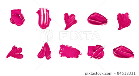 Pink beauty swatches, skincare and makeup cosmetic product sample texture isolated on white background, make-up smudge, cream cosmetics smear or paint brush stroke closeup 94518331