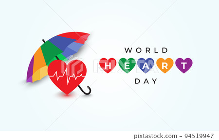 World heart day social media banner background design concept with a red heart and colorful umbrella	 94519947