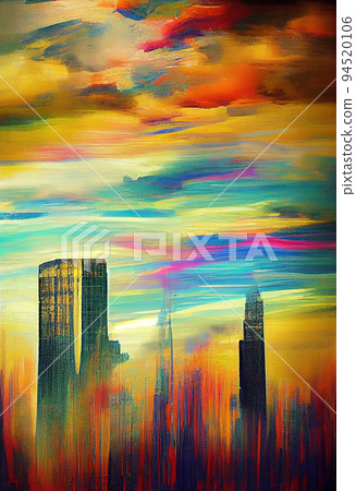 Bright abstract painting with high-rise buildings. The abstract city in the picture. Digital illustration. 94520106