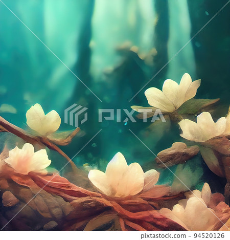 Fantasy forest water lilies. Magical white flowers in fairy forest. Digital illustration. Fantasy forest water lilies. Magical white flowers in fairy forest. Digital illustration. 94520126