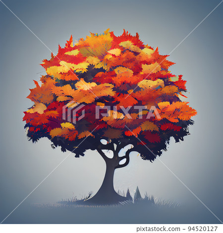 Cartoon autumn red tree on a gray background. Autumn bright tree in a gray fabulous fog. Picturesque cartoon picture with autumn tree. Digital illustration. Cartoon autumn red tree on a gray background. Autumn bright tree in a gray fabulous fog. Picturesque cartoon picture with autumn tree. Digital illustration. 94520127