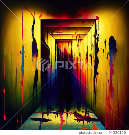 Impressive bright colorful corridor. Surreal corridor. Fantasy corridor stained with paint. Digital illustration. 94520130