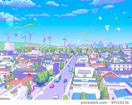住宅區 CG 柔和的色彩城市景觀風車背景流行 94520236