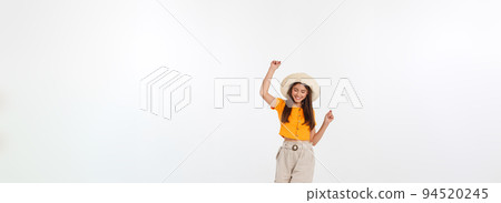 Cool hipster portrait of young stylish teen girl showing her hands up, positive mood and emotions,travel alone. Isolated over grey background 94520245