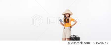 Full length of attractive young female in traveller casual with the travel bag, isolated on white background 94520247