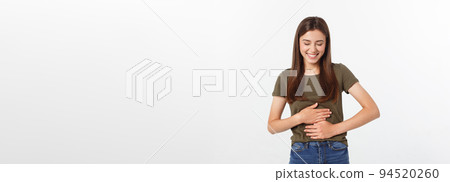 Happy woman Laughing. Closeup portrait woman smiling with perfect smile isolated grey background. Positive human emotion 94520260