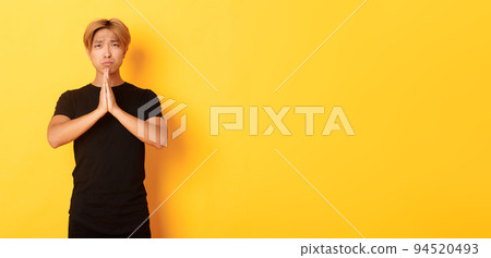 Portrait of miserable asian guy pleading, begging for help, standing over yellow background Portrait of miserable asian guy pleading, begging for help, standing over yellow background 94520493