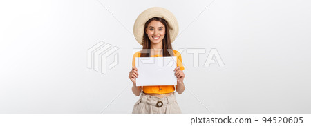 Woman holding blank card. Isolated on white background smiling female portrait Woman holding blank card. Isolated on white background smiling female portrait 94520605