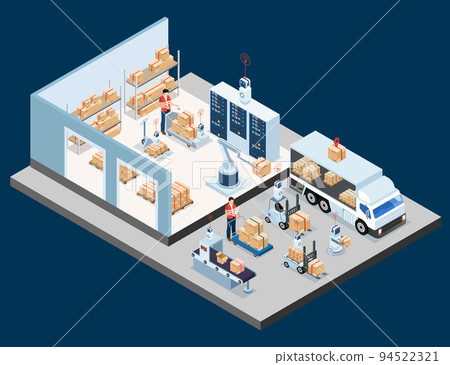 3D isometric Smart logistics concept with Warehouse Logistic, Workers loading products, transportation truck use wireless technoloty. Eps10 vector illustration 94522321