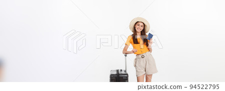 Full length of attractive young female in traveller casual with the travel bag, isolated on white background Full length of attractive young female in traveller casual with the travel bag, isolated on white background 94522795