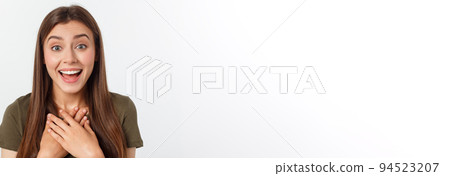 Portrait joyful outgoing woman likes laugh out loud not hiding emotions giggling chuckling facepalm close eyes smiling broadly white background 94523207